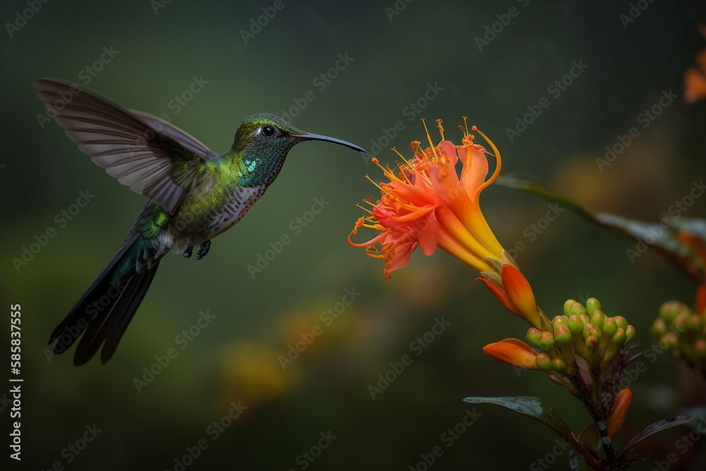 Fototapeta premium Sword-billed Hummingbird and Colorful Flower Generative AI