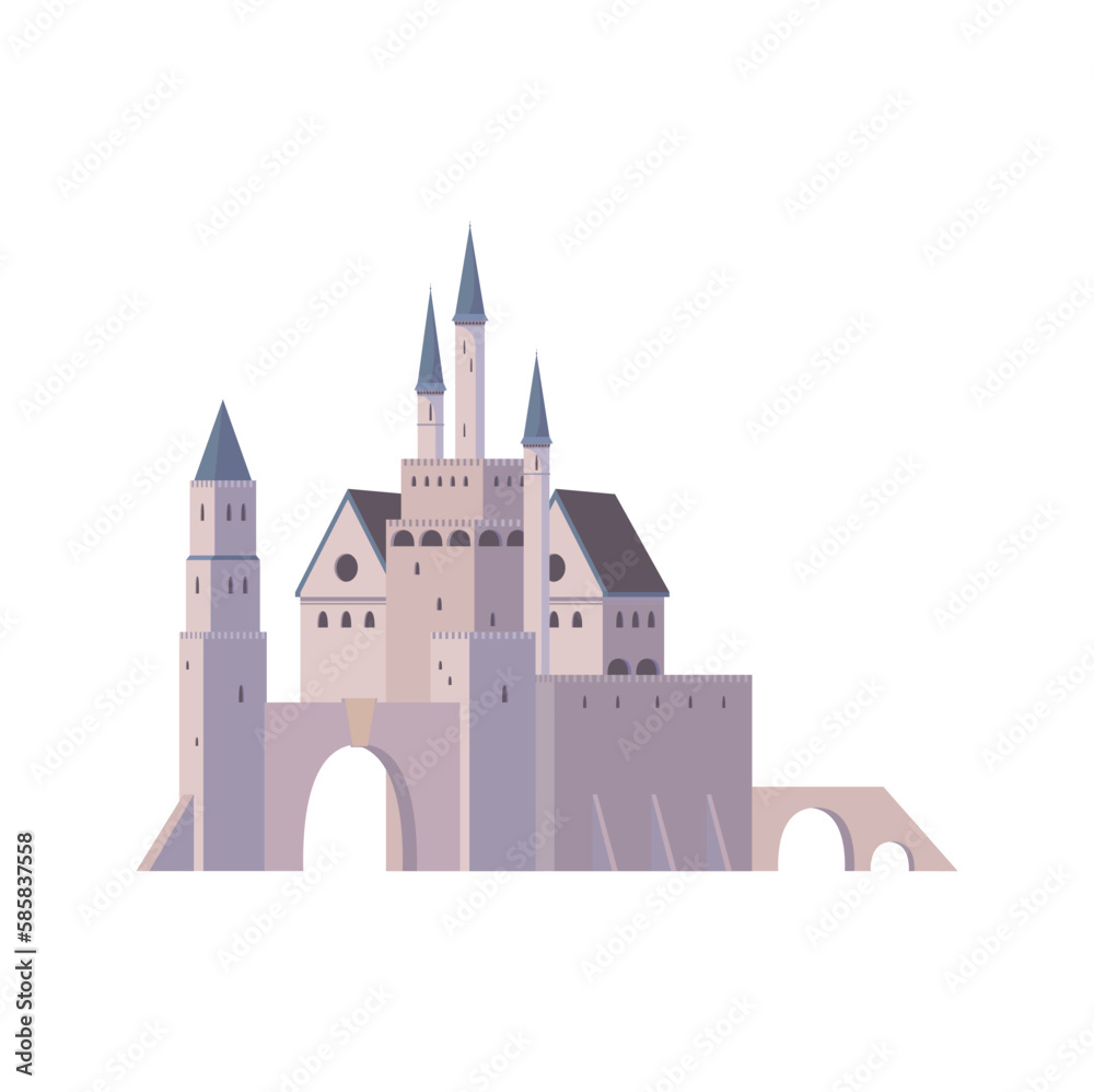 Fortress with arch gates, royal retro french citadel with towers. Vector palace of stone, kingdom architecture exterior royal building palace