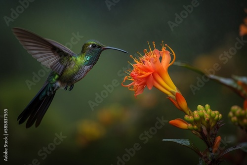 Sword-billed Hummingbird and Colorful Flower Generative AI © Digital Dreamscape