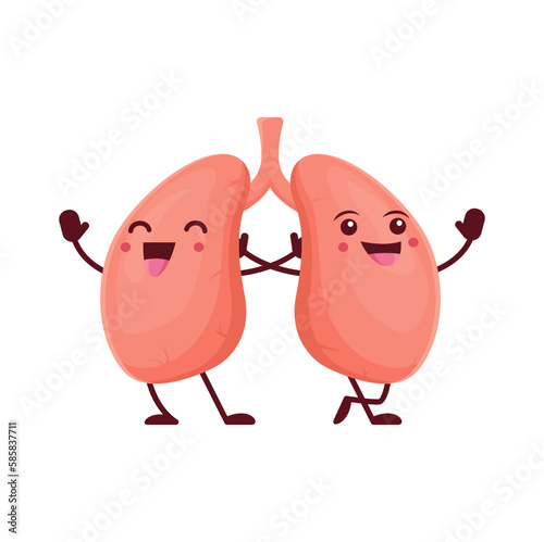 Cartoon lungs human body organ character. Cute vector healthy and happy personage, part of respiratory system. Learning anatomy with kids, funny science for children education, isolated smiling lungs