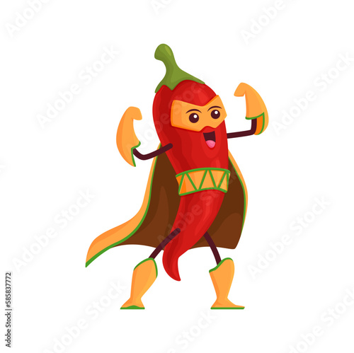 Cartoon chili pepper superhero character, vector funny red jalapeno vegetable in super hero cloak and mask demonstrating power and muscles. Fairytale personage, isolated chilli, healthy spice food
