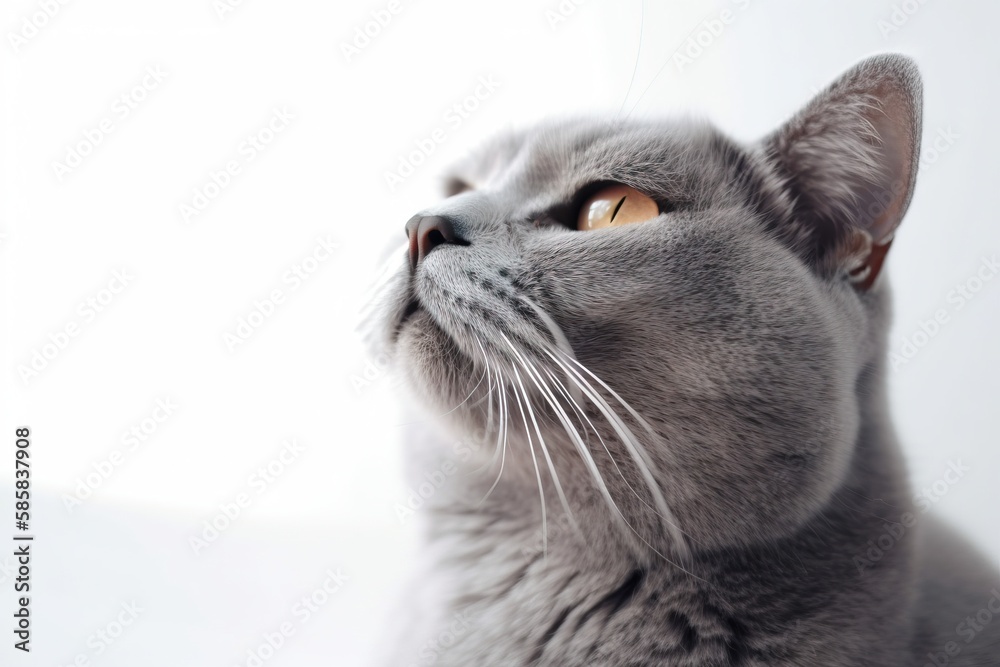a gray cat looking up at the sky with its eyes wide open and it's head ...