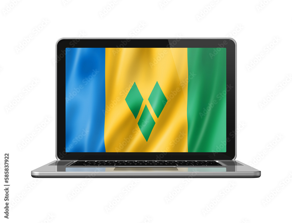 Saint Vincent and the Grenadines flag on laptop screen isolated on white. 3D illustration Saint Vincent and the Grenadines flag on laptop screen isolated on white. 3D illustration