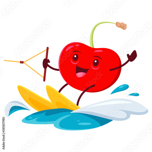 Playful cartoon cherry berry enjoying jet ski water sports recreation on summertime ocean vacation. Isolated vector fresh humorous fruit personage partaking in outdoor fun and relaxation at sea waves