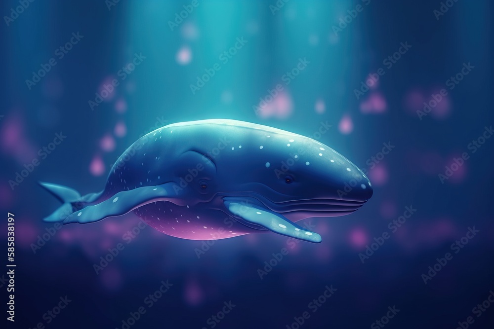 a blue whale floating in the ocean with a light shining on it's face ...