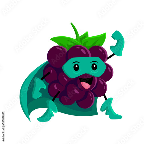Cartoon blackberry berry superhero vector character. Super hero defender personage in cape and mask stand with raised arm. Funny cheerful fairytale healthy food, brave vigilante ready for feat