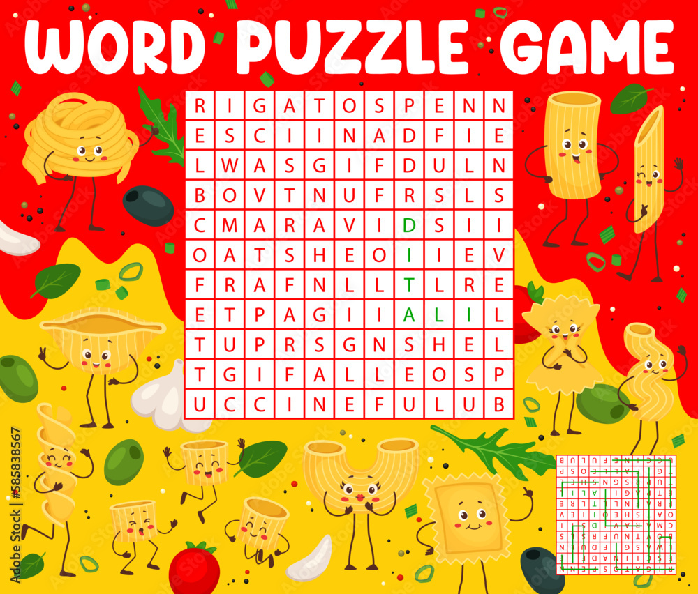 Word search puzzle game, cartoon italian pasta characters. Word vector