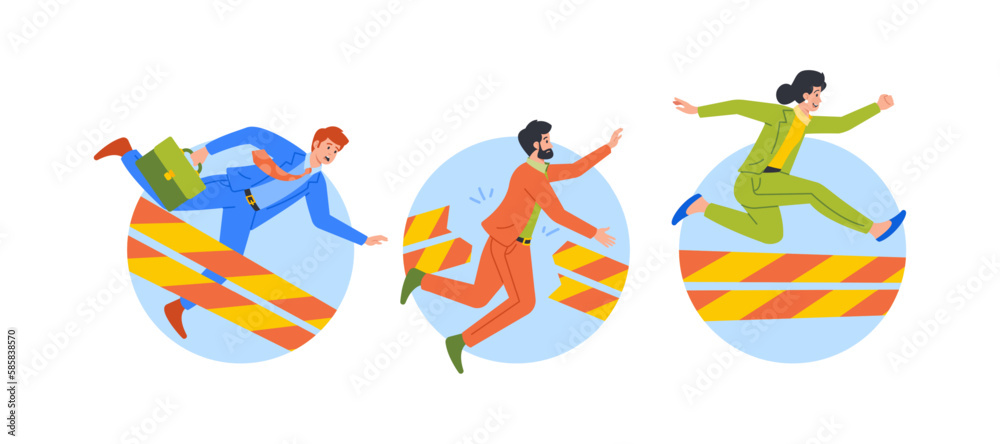 Business Characters Falling Over An Obstacles During Race Isolated Round Icons or Avatars. Hurdles And Challenges