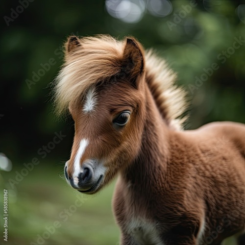 Like a Little Brown Pony in a Meadow - Cute Mini Horse the Size of a Thumb with a Blurry Mane. Generative AI