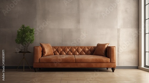 Minimalistic Home Design Inspiration: Brown Leather Sofa in Empty Concrete Room. Generative AI