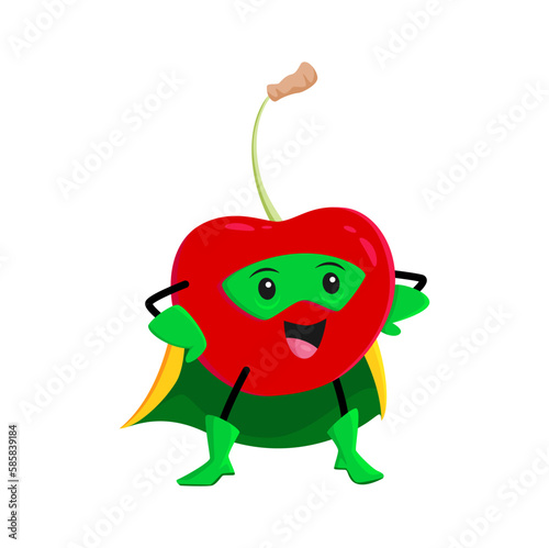 Cartoon cherry berry superhero character. Funny vector super hero garden plant personage in cape and mask demonstrating strength and power with confident pose. Isolated healthy smiling vigilante