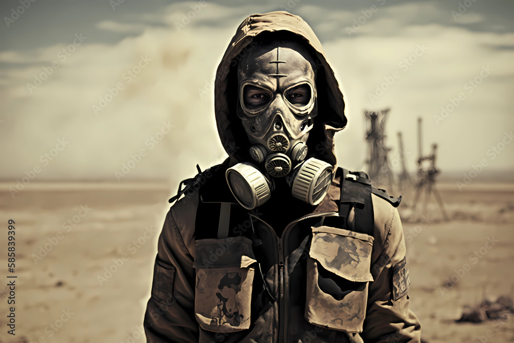 Military man in gas mask for chemical protection, apocalyptic smoke in