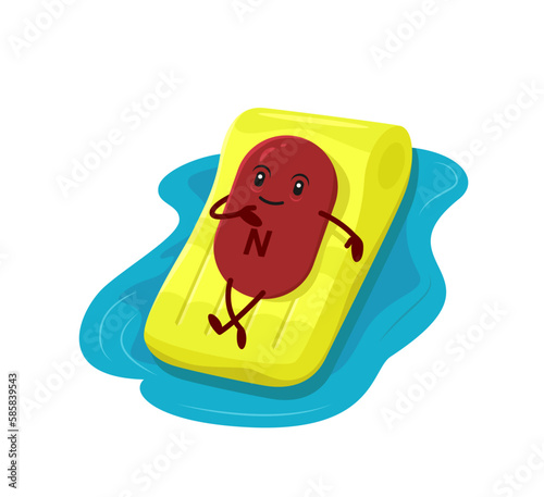 cartoon vitamin N character on summer vacation. Micronutrient dragee, vitamin pill or supplement capsule happy vector personage. Healthy nutrition mineral tablet mascot swimming on inflatable mattress