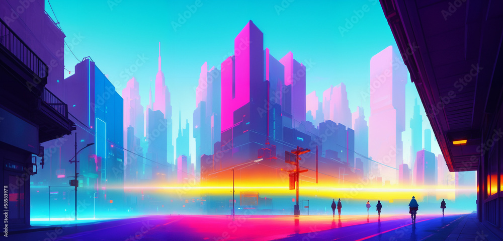 Retro Vaporwave Street with a Vibrant Towering Cityscape Generative AI Art Illustration