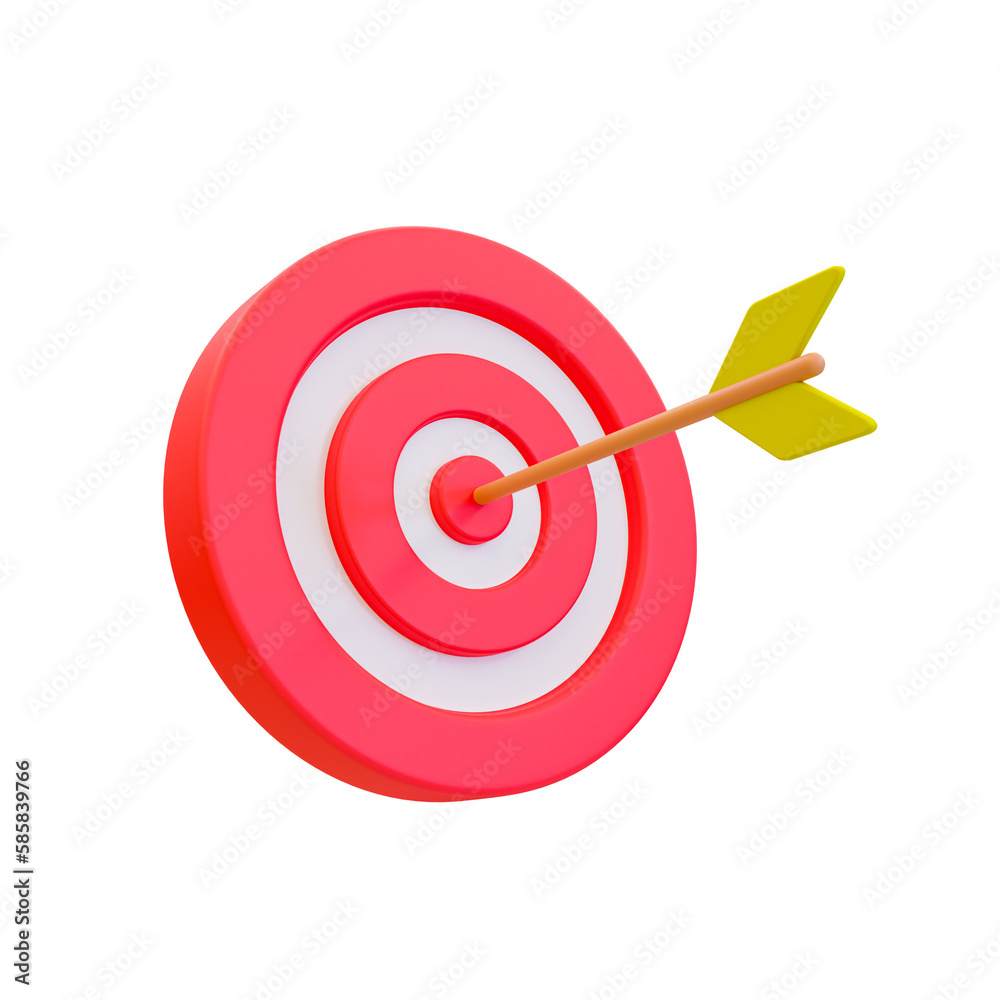 3d minimal hit the target concept. financial target goal concept. strategy achievement. dartboard with an arrow hit at the center. 3d illustration.