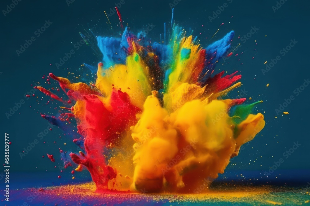 Colourful paint splashes, Coloured powder explosion. Paint holi, Mix rainbow splash on isolated colourful background - Generative AI Illustration