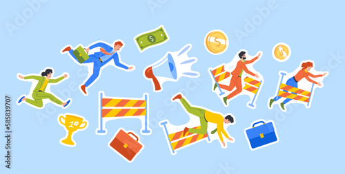 Set of Stickers Business Characters Falling Over An Obstacles During Race. Men and Women Stumble and Jump over Barriers