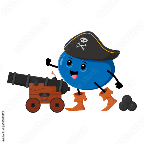 Cartoon blueberry corsair character with cannon and cannonballs. Vector bilberry pirate, berry in picaroon costume. Buccaneer whortleberry personage wear captain tricorn, isolated funny freebooter