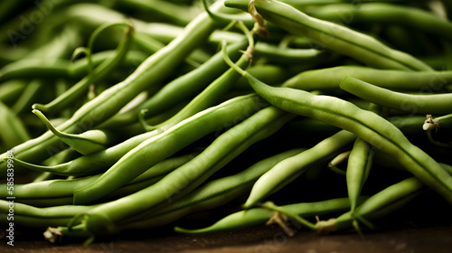 Bunch of fresh green beans background wallpaper, healthy food backdrop. Close up.