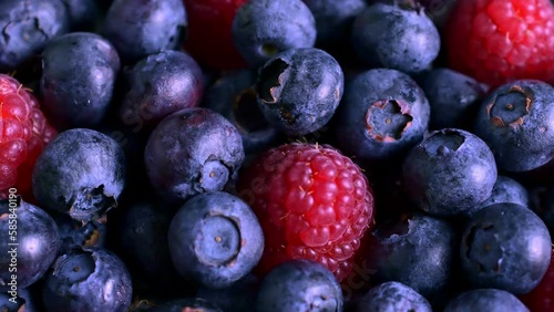 Juicy Blueberries and Raspberries in Close-up Motion.