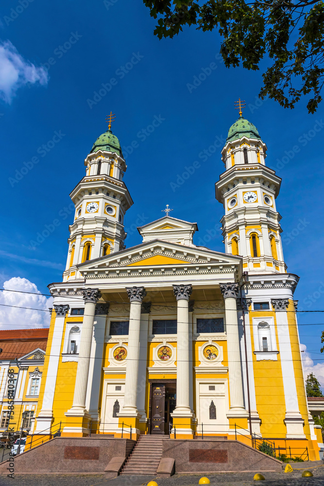Facade view of Building of the Holy Cross Greek Catholic Cathedral in Uzhhorod, Ukraine. Baroque church, built in 1646 year