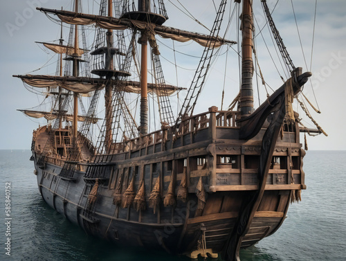 old wood ship, intricately carved details, seafaring tradition, generative AI
