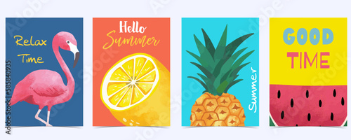 Collection of summer background set with pineapple,flamingo,watermelon.Editable vector illustration for invitation,postcard and website banner