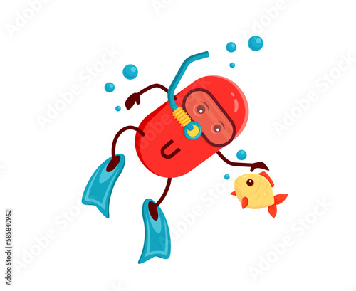 Cartoon vitamin U diver character. Vitamin tablet, healthy nutrition mineral capsule or micronutrient dragee cute vector personage doing scuba diving. Food supplement pill character or cheerful mascot