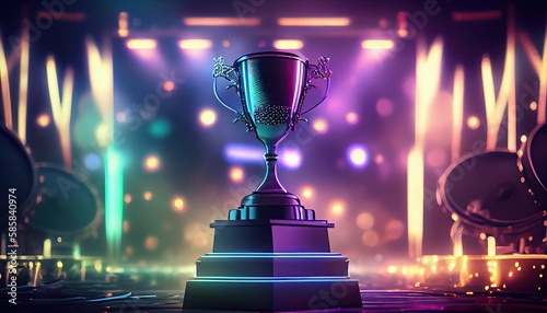 Winner trophy on a stage at studio illuminated by neon lights with blurred background. Generate Ai.