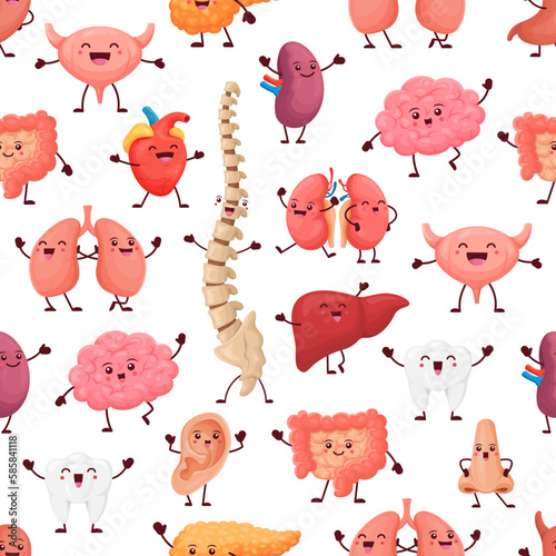 Human organ characters seamless pattern. Vector background with lungs, heart, nose, teeth or liver, intestines, brain, ear, spine and thymus gland or bladder funny anatomical personages of human body
