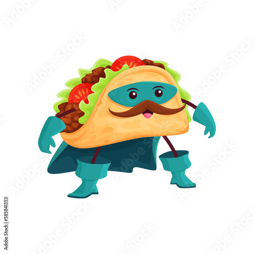 Cartoon tex mex tacos superhero character. Funny vector mexican food super hero comics book personage in cape, boots, gloves and mask. Isolated powerful fairy tale vigilante with mustaches