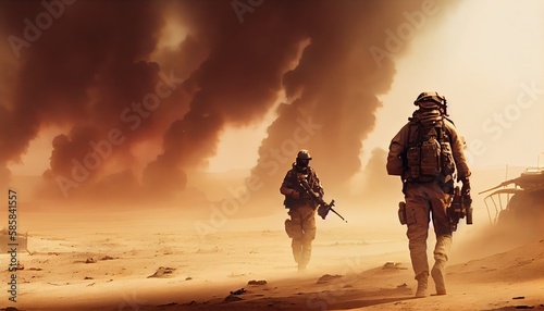 Military special forces soldiers crosses destroyed warzone through fire and smoke in the desert. Generate Ai.