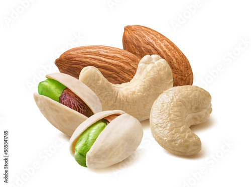 Almond, cashew nuts and pistachio in shell isolated on white background