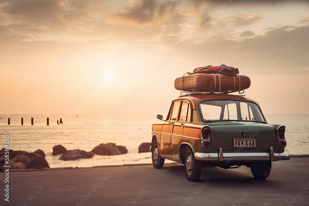 Retro vehicle with luggage and luggage on roof fully packed for summer holiday. Generative AI