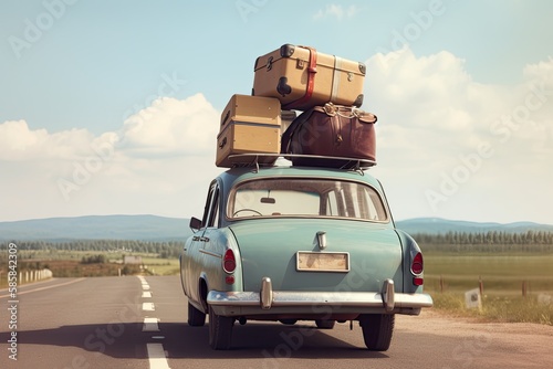 Retro vehicle with luggage and luggage on roof fully packed for summer holiday. Generative AI