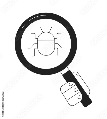 Finding bugs in code black and white concept vector spot illustration. Editable 2D flat monochrome cartoon object with hand for web design. Debugging creative line art idea for website, mobile, blog