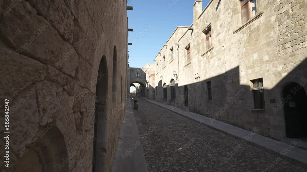 Shot along Street of the Knights, UNESCO World Heritage Site, Rhodes Old Town, Rhodes, Dodecanese Islands, Greek Islands, Greece, Europe Shot along Street of the Knights, UNESCO World Heritage Site, Rhodes Old Town, Rhodes, Dodecanese Islands, Greek Islands, Greece, Europe