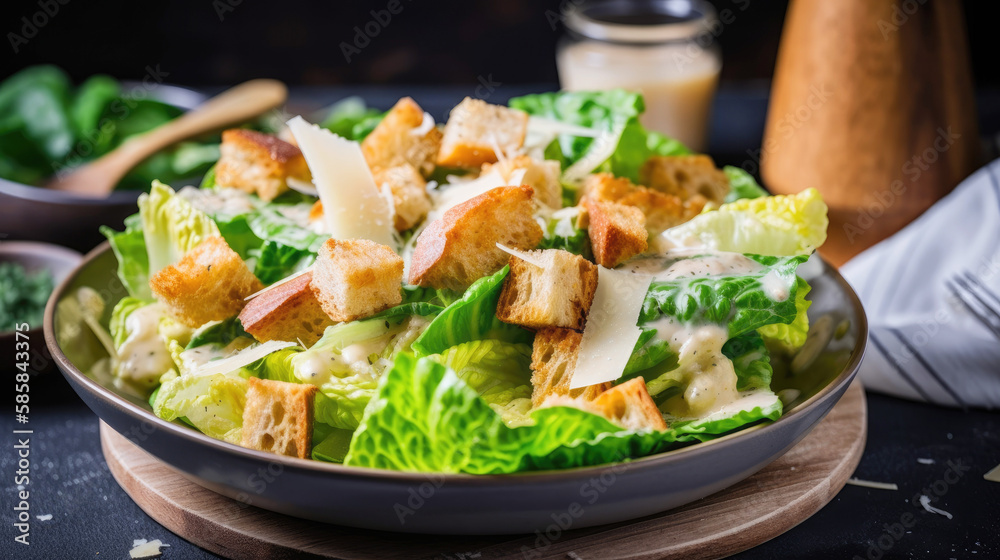 A vegan Caesar salad with homemade dressing and croutons - Generative AI A vegan Caesar salad with homemade dressing and croutons - Generative AI