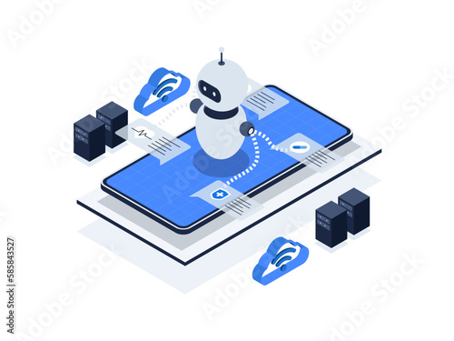 Chatbots in healthcare for improved patient engagement and communication. Artificial intelligence in healthcare isometric illustration.