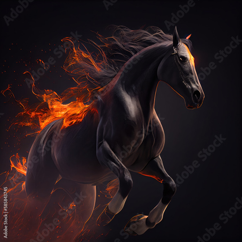 A running horse with fire flame on dark background. Generative AI