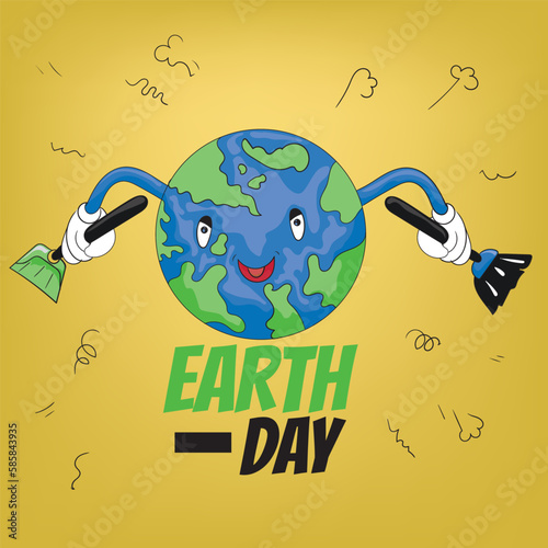 Earth Day poster. Illustrator of Earth holding cleaning tools. suitable for earth day campaign