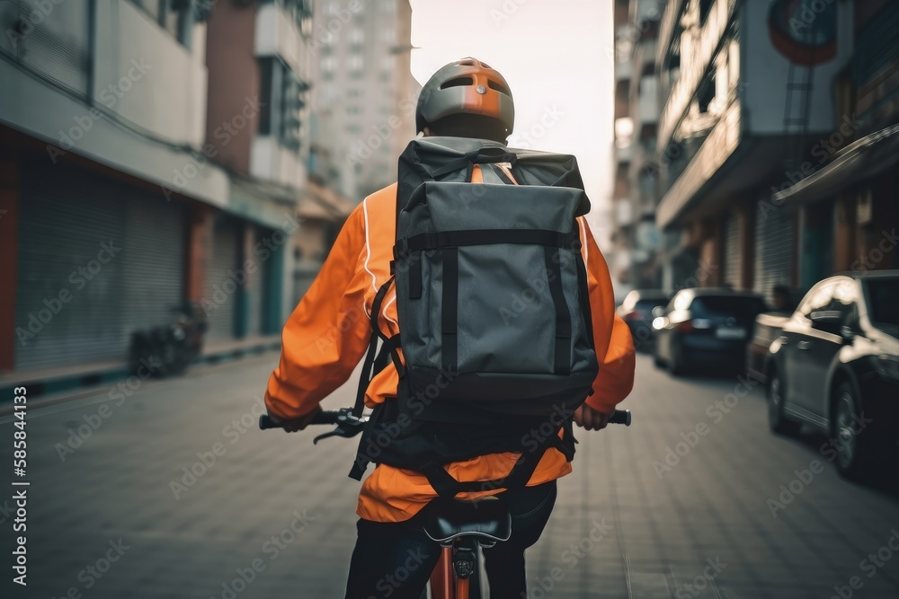 Young delivery man rear view on a cycle with his delivery bag. Delivery man on an urban road delivering goods. Blurred city background with a young delivery man in the rearview. Generative AI.