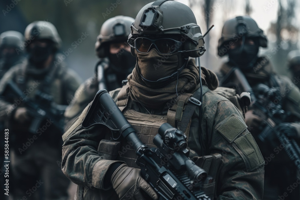 Armed military infantry formation with tactical gear and assault rifles.  Realistic Army special force and military unit with blurred background. Elite special force on warzone. Generative AI.