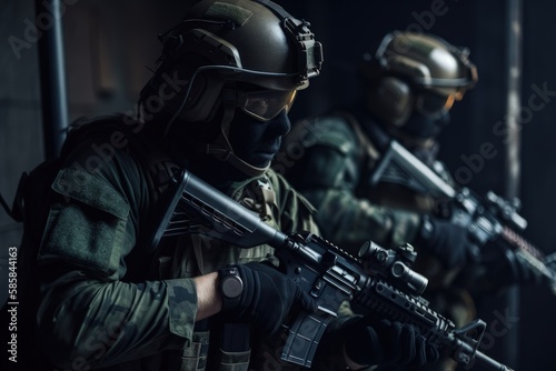 Elite special forces military unit holding assault rifles on a warfare mission. Army infantry force on a mission. Realistic military-armed man with futuristic tactical gears. Generative AI.