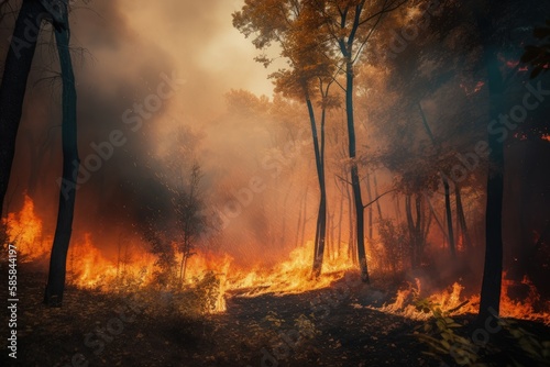 Wildfire in a forest with smoke and flame sparkle. Trees on fire in a jungle realistic illustration. Wildfires destroying the ecological system. Dangerous wildfire with dark smoke. Generative AI