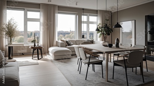 At Ease in a Modern Scandinavian Pad: Elegant Beige Sofa, Sleek Dining Table, Indoor Potted Plants, Generative AI