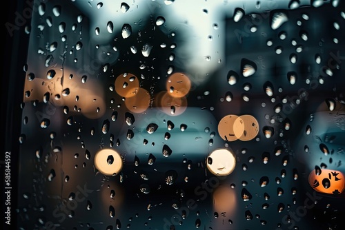 A Mysterious Bokeh of Night Lights Through Wet & Dirty Glasses: Abstract Black & Dark Wallpaper with Rainy Circles & Selective Focus, Generative AI