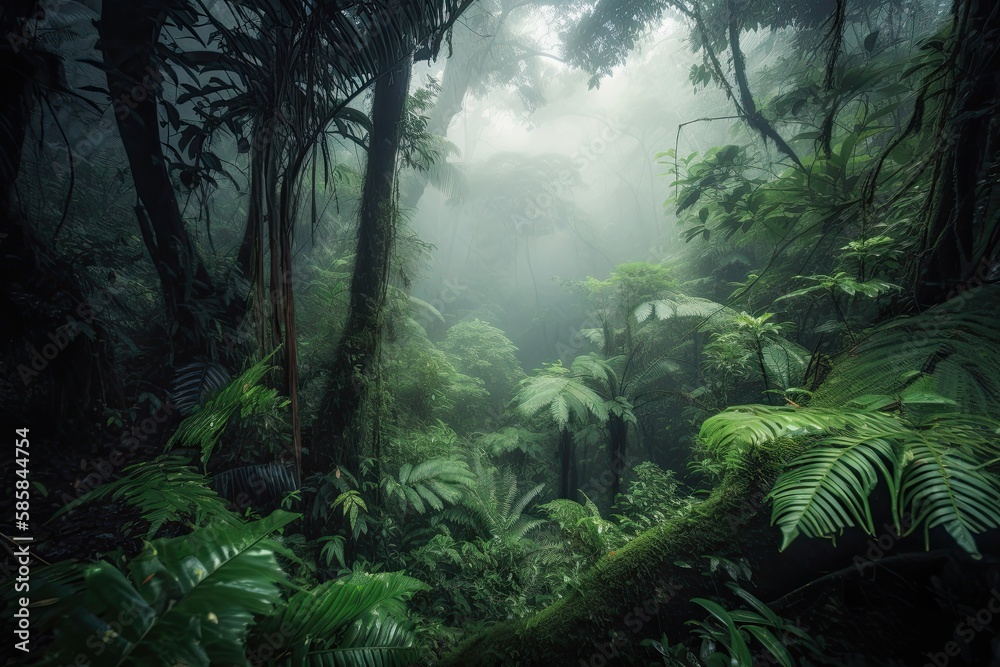 Mysterious Fog in the Jungle - Exploring the Misty Rainforest of Nature: Generative AI