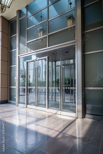 Modern Entrance to Luxurious Business Office Building: Glasses Door, Interior Window and Lobby Hall, Generative AI