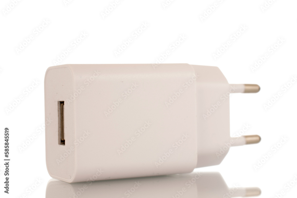 One white mains charger, macro, isolated on white background. One white mains charger, macro, isolated on white background.